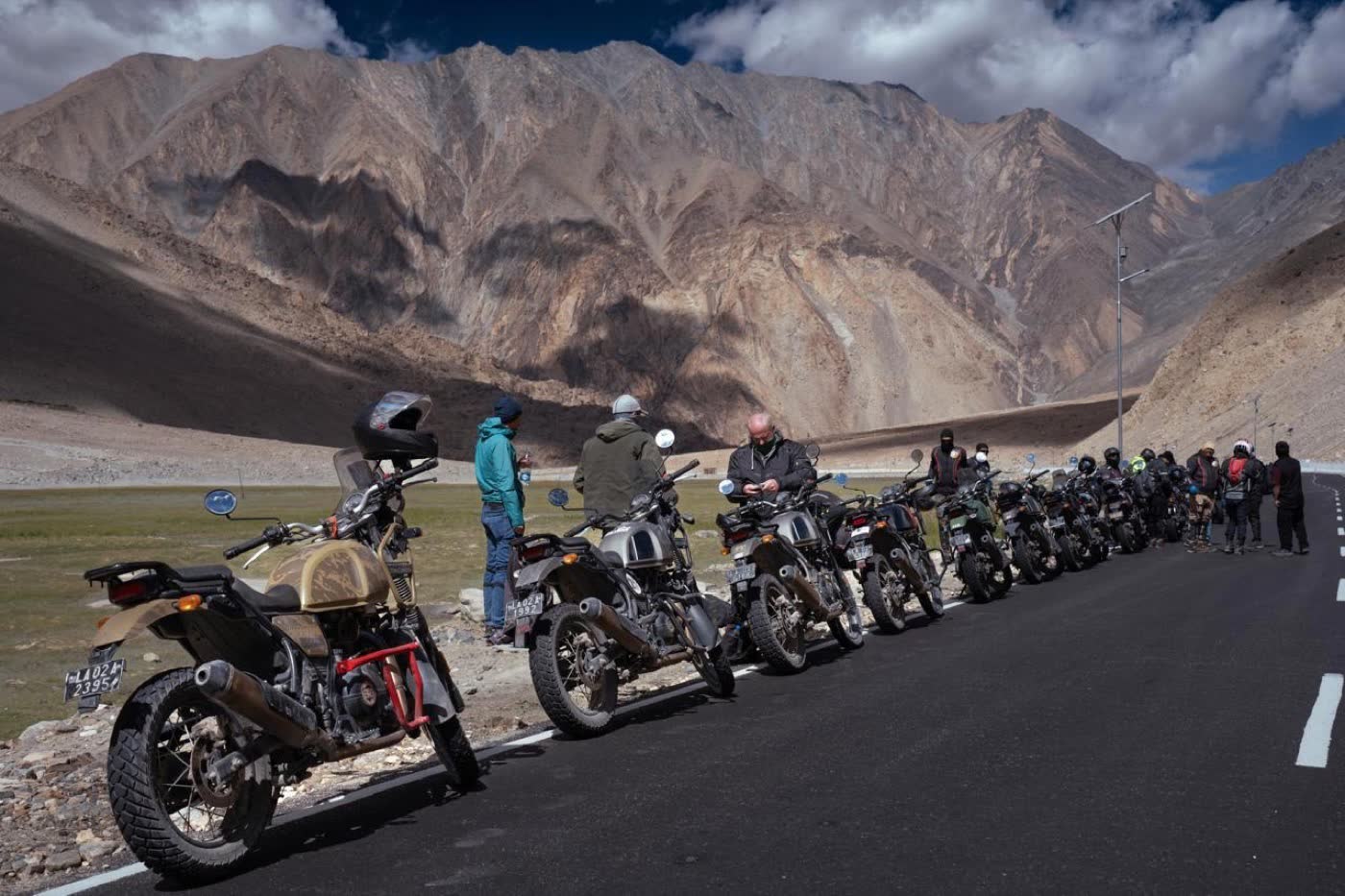 A line of Royal Enfields parked at Hanle in the Changthang